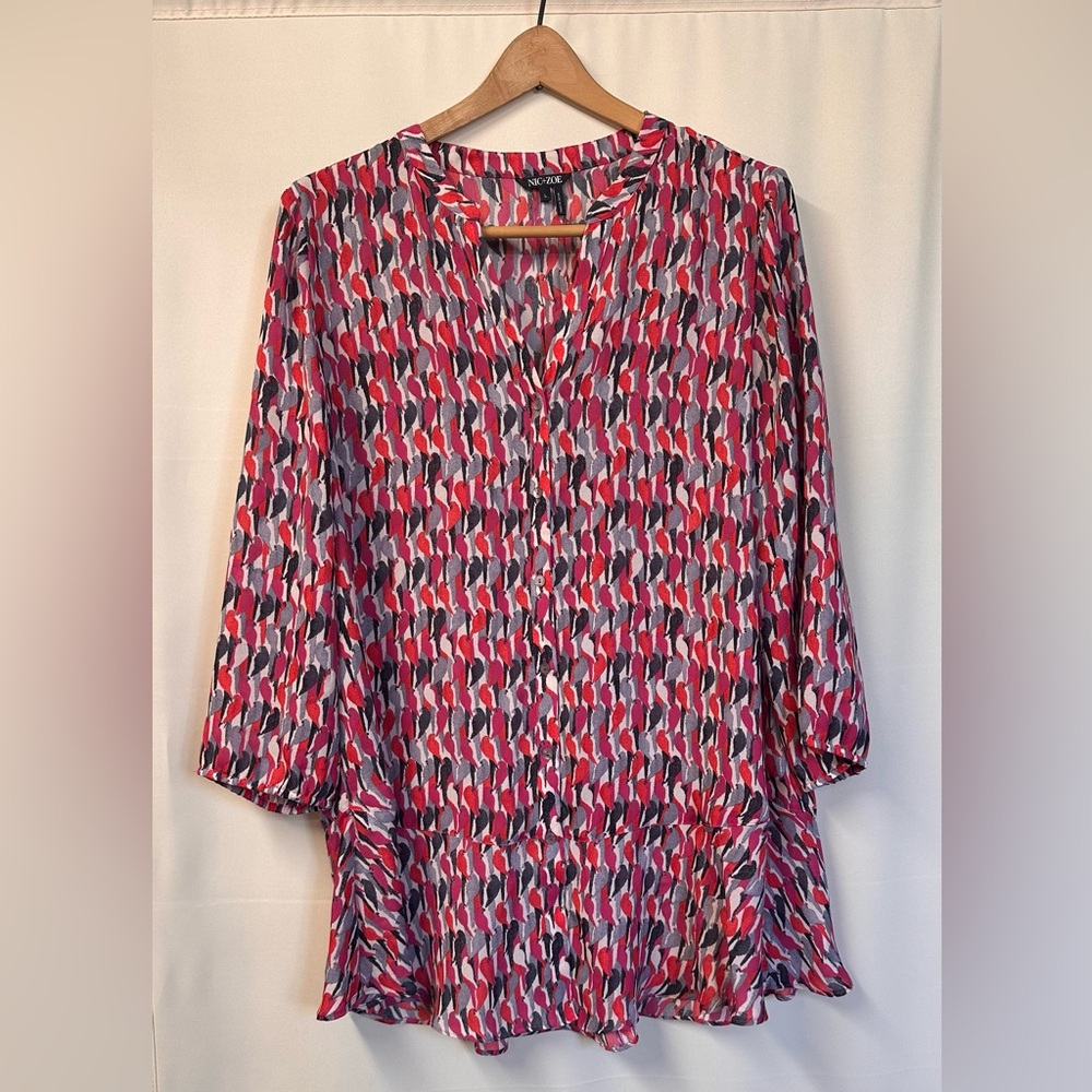 Nic + Zoe Bird Printed Long Sleeve Button Down Tunic Top L - Picture 2 of 4